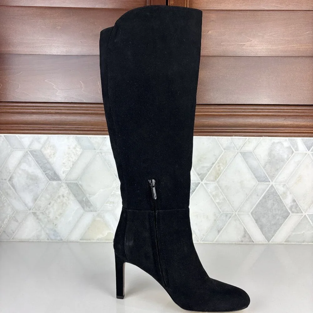 6.5 Leather Knee High Tall Boot Suede Black Round Almond Toe Heel Edelman Shauna